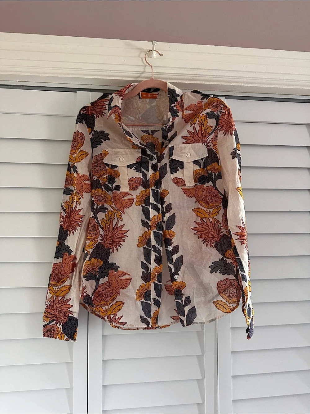 Tory Burch Floral Button-Front Long-Sleeve Top in Cream and Rust